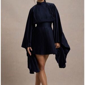 Pleated Midnight Blue Women's Dress with Draped Sleeves